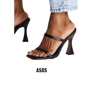ASOS Sandals SZ 7 Black Leather Slide Square Toe High Square Heels